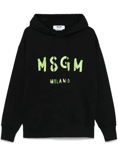Msgm Relaxed Fit Logo Print Cotton Hoodie In Black