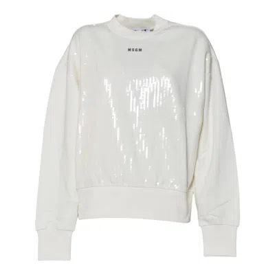 Msgm Relaxed Fit Sequin-overlay Sweater With Logo Detail In White