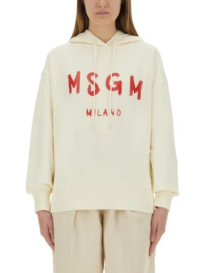 Msgm Brushed Logo Hoodie Ribbed Finish In Beige