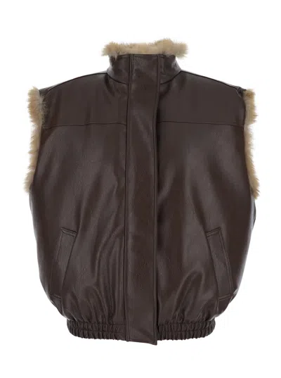 MSGM REVERSIBLE SLEEVELESS JACKET WITH LOGO PATCH ON THE REAR IN ECOFUR AND ECOLEATHER WOMAN