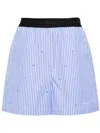 Msgm Striped Rhinestone-embellished Cotton Shorts In Blue