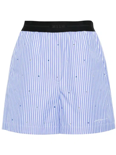 Msgm Striped Rhinestone-embellished Cotton Shorts In Blue