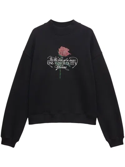 Msgm Rhinestone Slogan-print Sweatshirt In Black