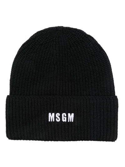 Msgm Ribbed Beanie With Embroidered Logo Accessories In Black