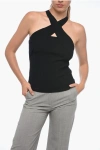Msgm Black Ribbed Knit Crossover-strap Top In Viscose Blend Woman