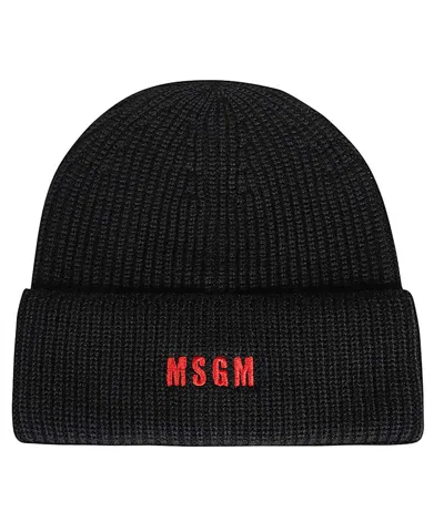Msgm Ribbed Knit Beanie In Black