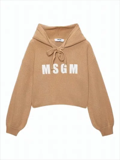Msgm Ribbed Knit Cropped Hoodie With Graphic Lettering In Pink