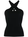 Msgm Black Ribbed Knit Crossover-strap Top In Viscose Blend Woman In Black