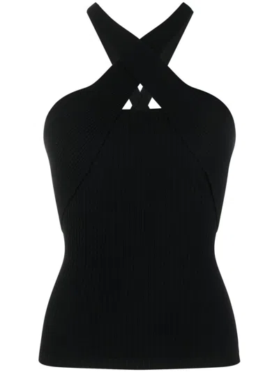 Msgm Ribbed-knit Crossover-strap Top In Black