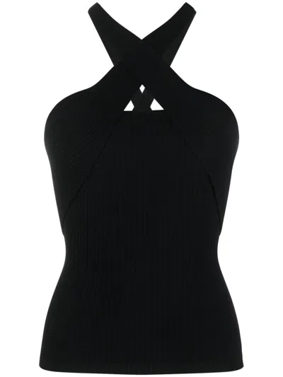 Msgm Black Ribbed Knit Crossover-strap Top In Viscose Blend Woman