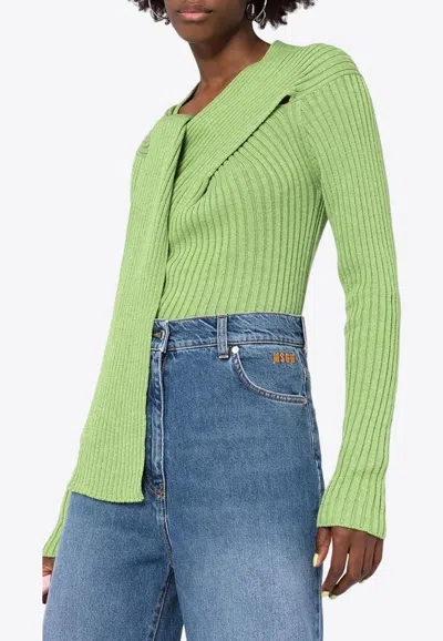 Msgm Ribbed Knit Knotted Wool Sweater In Green
