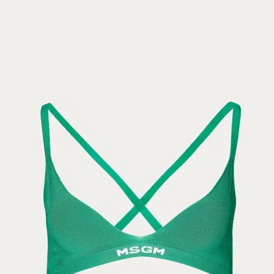 Msgm Ribbed Knit Logo-hem Bra In Green