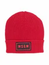 Msgm Ribbed-knit Logo-patch Hat In 红色
