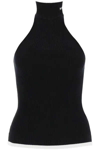 Msgm Ribbed Tank Top With Halterneck In Nero