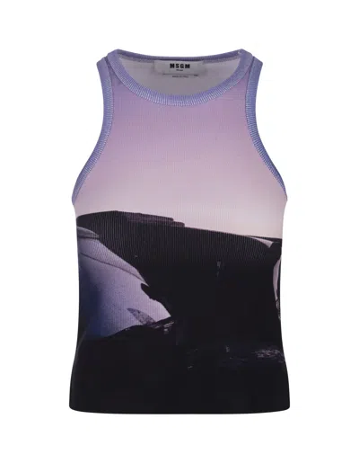 Msgm Ribbed Tank Top With Print In Purple