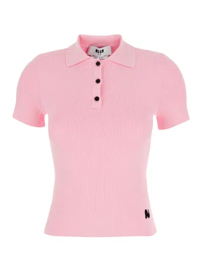 Msgm Knit Polo Collar Short Sleeve Ribbed Top In Pink
