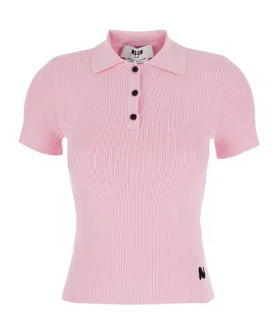 Msgm Ribbed-knit Polo Shirt In Pink