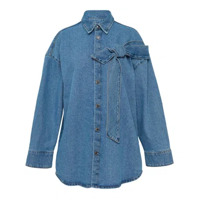 Msgm Ribbon Detail Denim Button-up Blouse In Blue