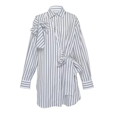 Msgm Ribbon Side Tie Stripe Collar Dress In White