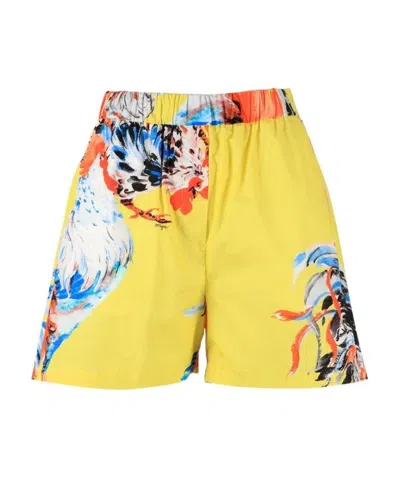 Msgm Rooster Print Shorts In Yellow