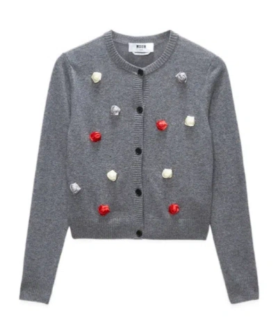 Msgm Rose-appliqué Knitted Cardigan In Gray