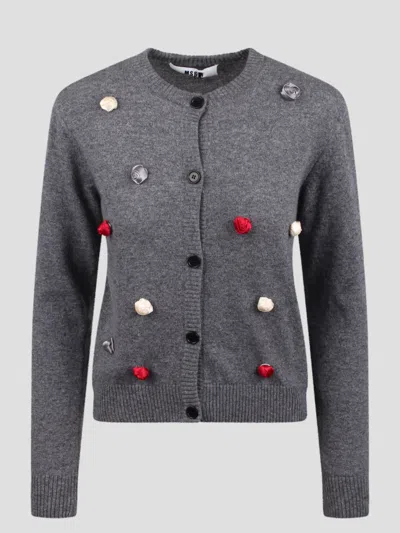 Msgm Rosebuds Embellished Cardigan In Grey