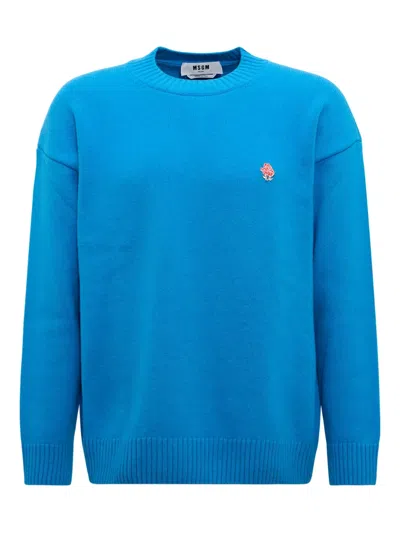Msgm Rose-embroidery Crew-neck Sweater In Blue