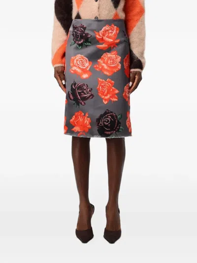 Msgm Rose-print Midi Skirt In Gray