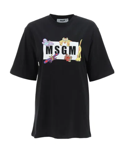 Msgm Round Collar Logo T-shirt In Black