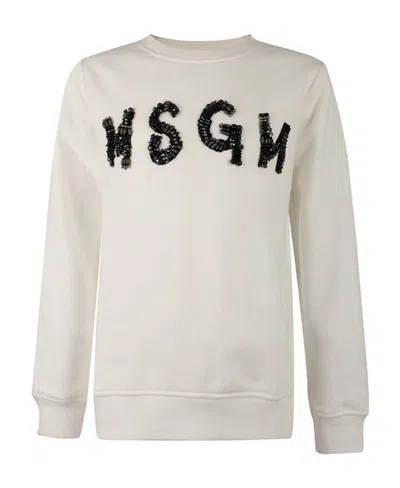 Msgm Round Neck Hoodie In White