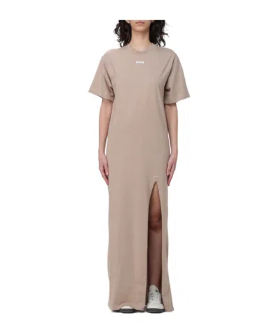 Msgm Round Neck Short-sleeved Dress In Beige