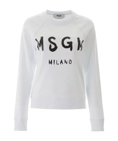 Msgm Round-necked Printed Sweater In White