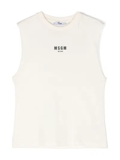 Msgm Kids' Rubberised-logo Cotton Tank Top In Crema