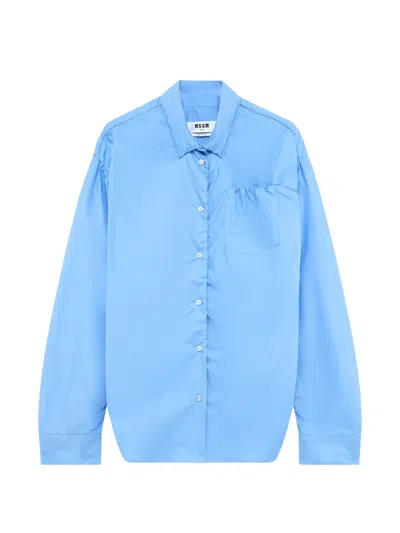 Msgm Ruched Chest-pocket Shirt In Blue