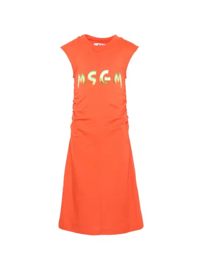Msgm Kids' Ruched Dress In Orange