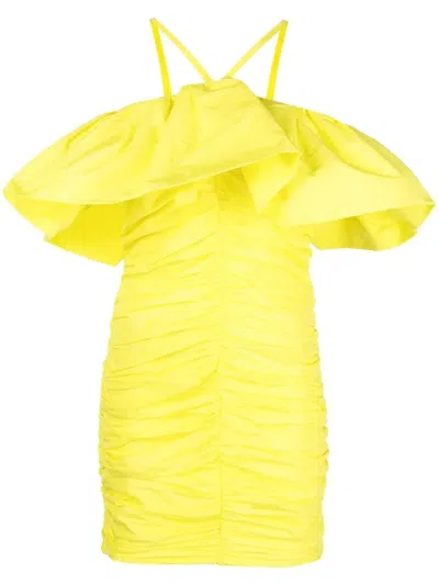 Msgm Ruched Ruffle-trim Mini Dress In Yellow