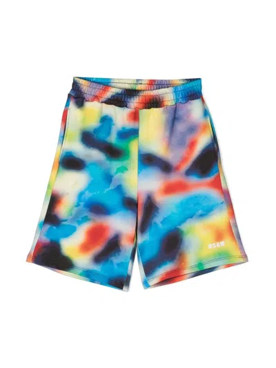 Msgm Kids' Ruffle-detail Logo-embroidered Shorts In 蓝色