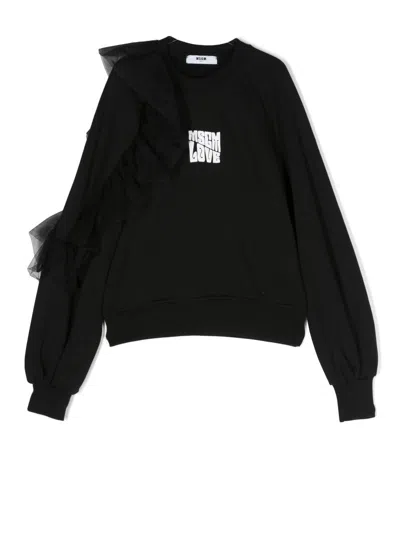 Msgm Kids' Ruffle-detail Logo-print Sweatshirt In Black