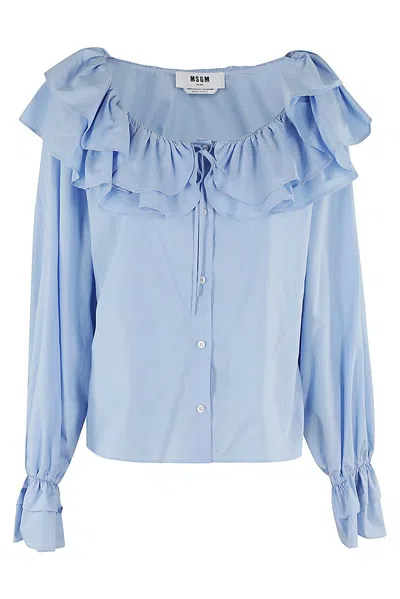 Msgm Ruffled Cotton Blouse In Blue