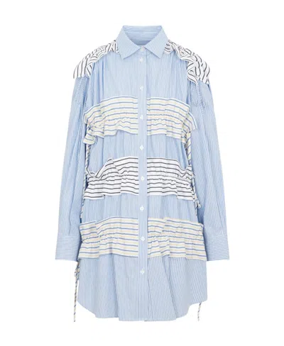 Msgm Ruffle-stripe-detail Buttoned Mini Dress In Blue