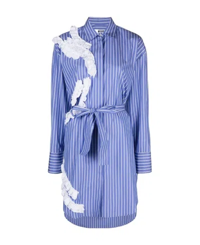 Msgm Ruffle-detail Striped Shirtdress In Blue