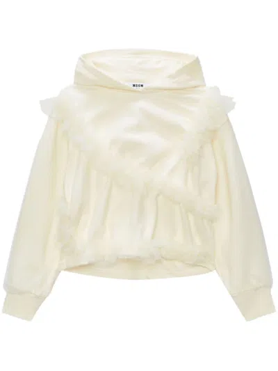 Msgm Ruffled Cotton Hoodie In Neutrals