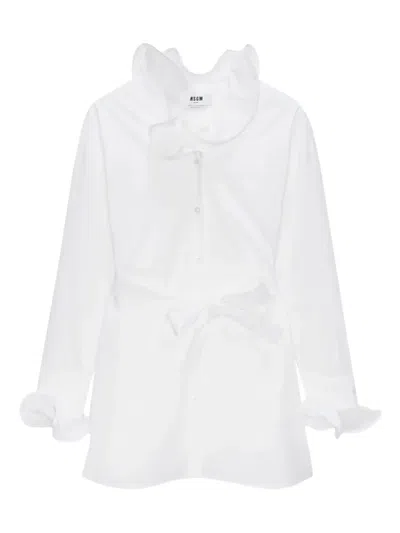 Msgm Ruffled-cuff Belted Mini Shirt Dress In White