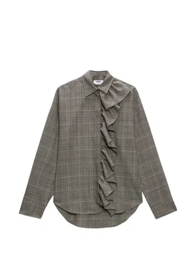 Msgm Kariertes Hemd Mit Rüschendetail In Gray