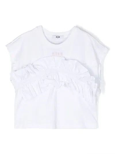 Msgm Kids' Ruffled-detail Cotton T-shirt In 白色