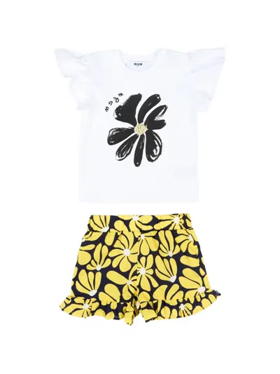 Msgm Babies' Ruffled Floral-print Shorts Set In Yellow