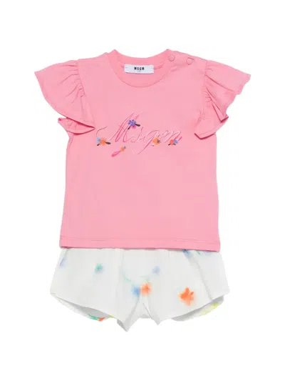 Msgm Babies' Ruffled Floral Short Set In Multi