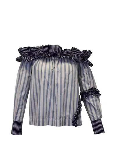 Pre-owned Msgm Ruffled Striped Top In White