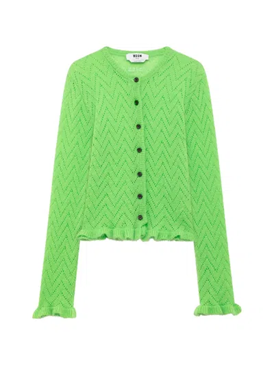 Msgm Ruffled-trim Cardigan In Green