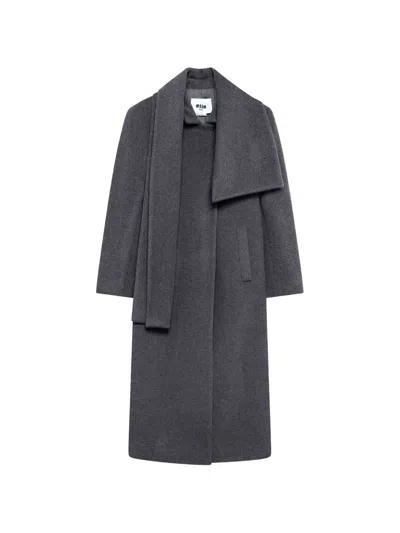 Msgm Scarf-detail Double-breasted Coat In Gray